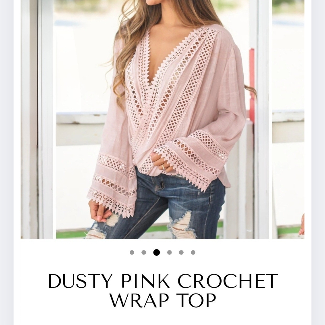 Saved By The Dress L Dusty Mauve Crochet Wrap Top Lace Trim Bohemian Co-1891 — image 3 of 8